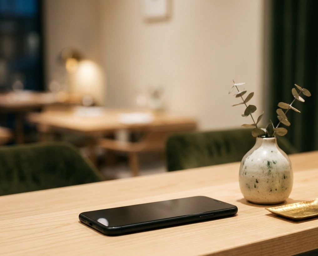 Telefono su un bancone essenziale in legno chiaro, vaso e vassoietto in ottone