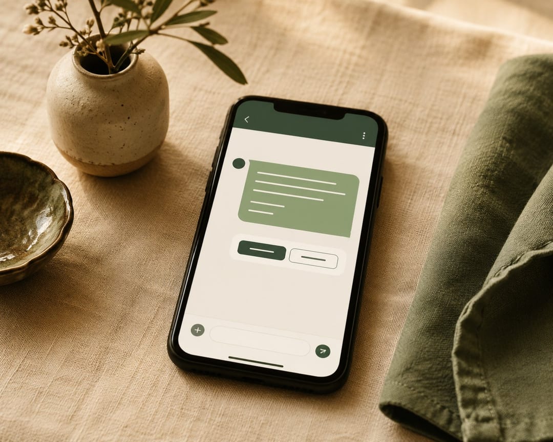 Smartphone su una tovaglia di lino chiaro, con una conversazione di prenotazione aperta