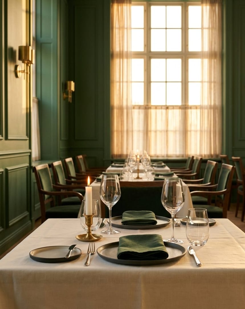 Tavola apparecchiata con cura in una sala elegante, calice e tovagliolo di lino