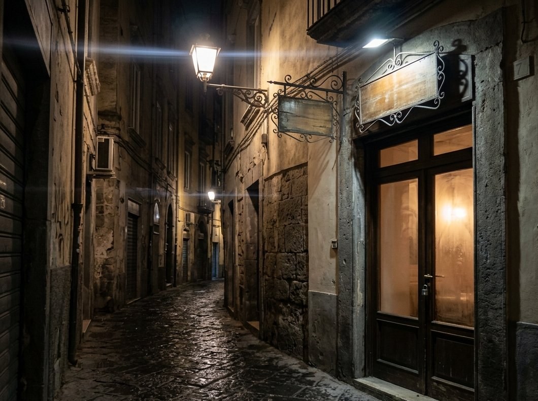 Ingresso di un locale di sera, luce calda dietro la porta a vetri