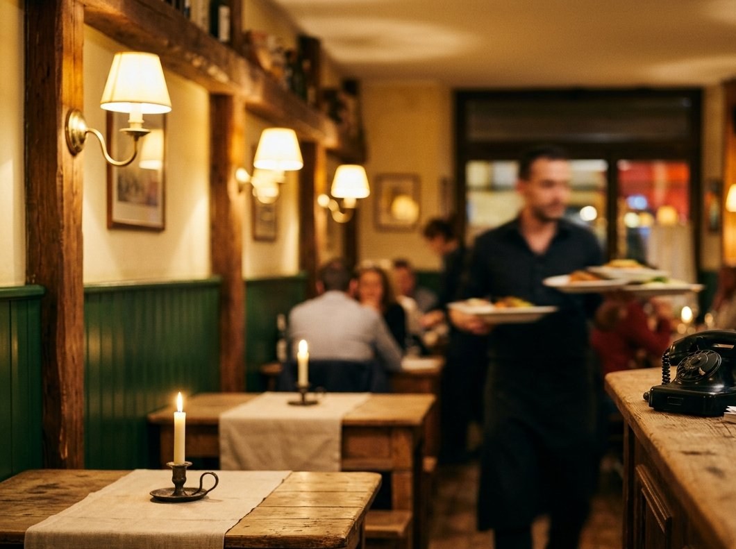 Sala di una trattoria durante il servizio, telefono classico sul bancone